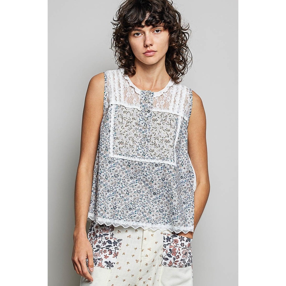 POL Printed Woven Lace Back Round Neck Sleeveless Top - Medium